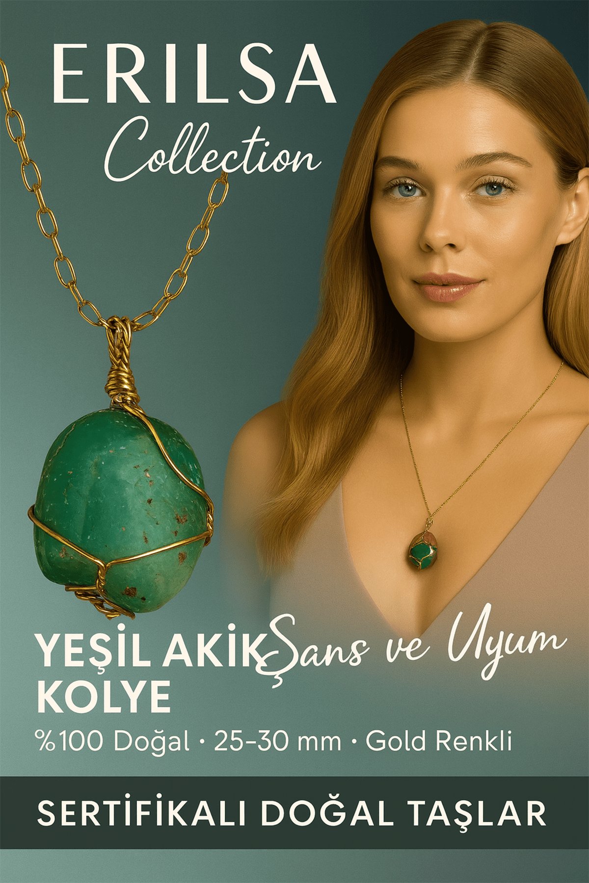 Sertifikalı Tel Sargılı Doğal Yeşil Akik Taşı Kolye – Altın Kaplama Huzur ve Denge Taşı