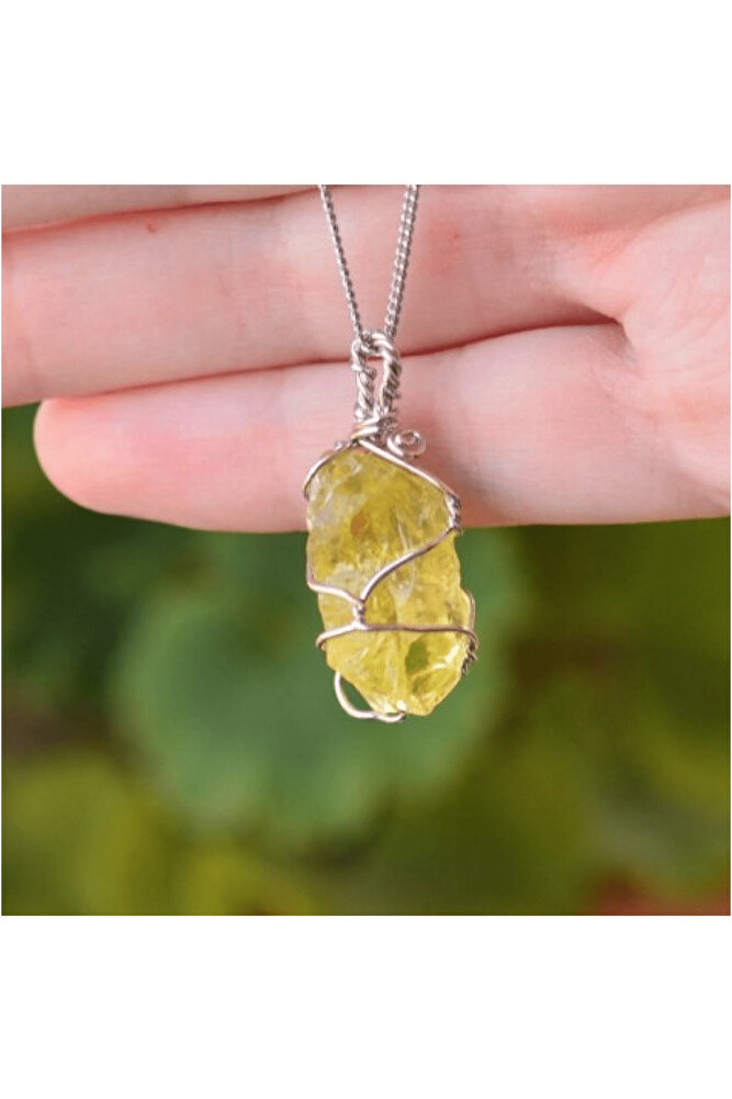 Sertifikalı Tel Sargılı Ham İşlenmemiş Limon Kuvars Taşı Kolye