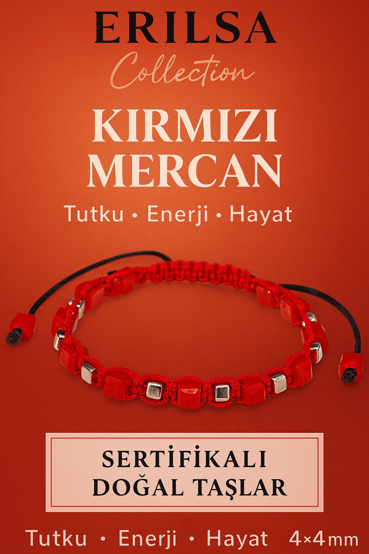 Sertifikalı Doğal Terahertz - Kırmızı Mercan Taşı Bileklik 4x4 mm - Enerji ve Tutku Taşı