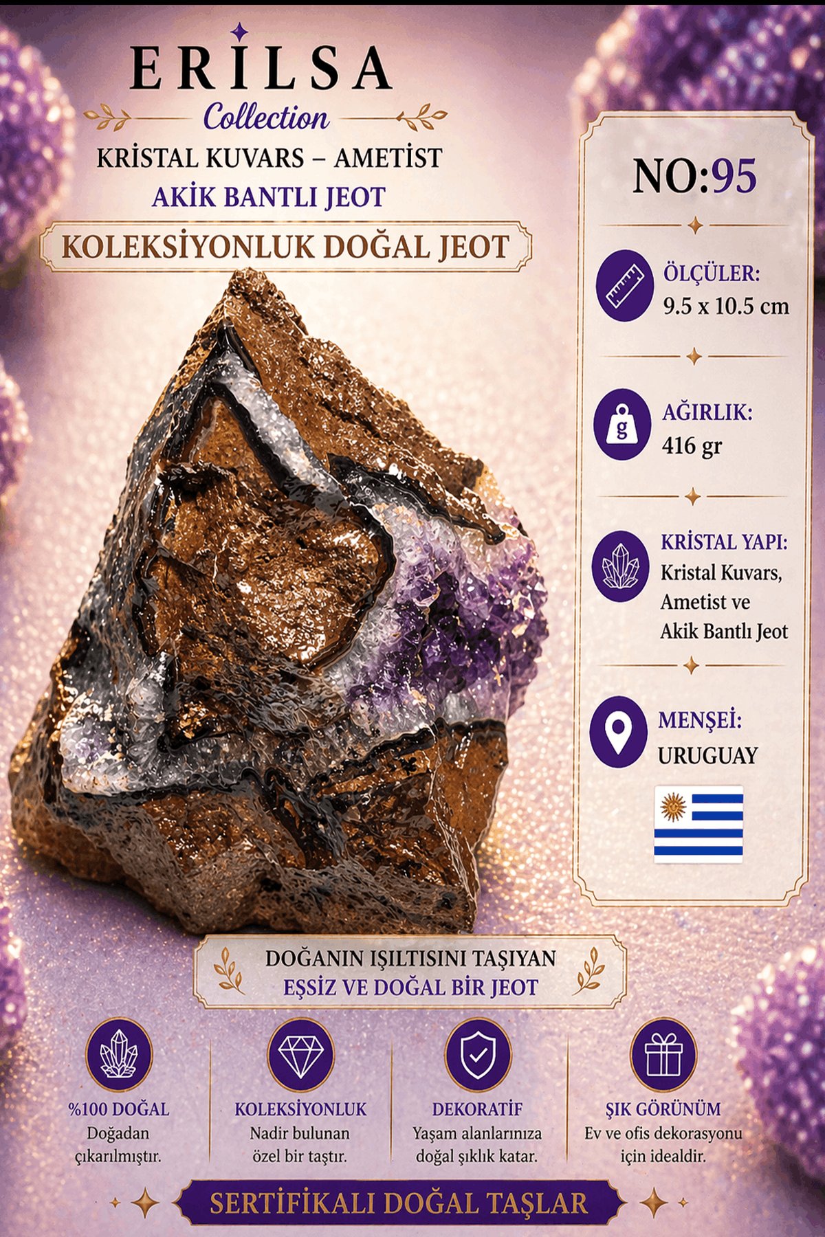 Sertifikalı Kristal Kuvars Ametist Akik Bantlı Jeot Doğal Taş Koleksiyonluk Dekoratif 9.5x10.5 NO95