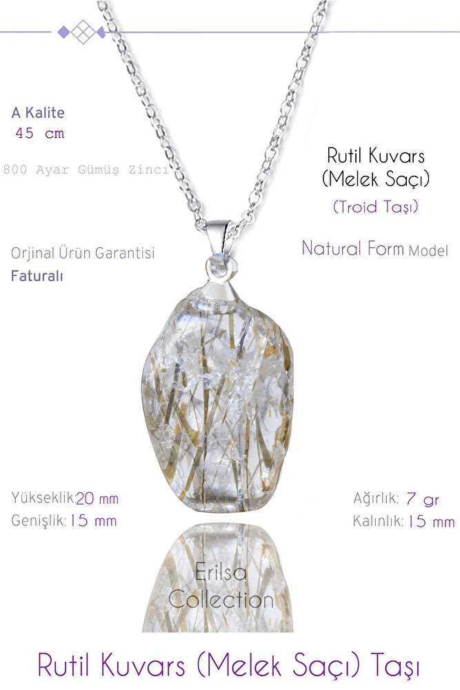 Sertifikalı Tımbıl Model Rutil Kuvars Taşı Kolye (Melek Saçı)