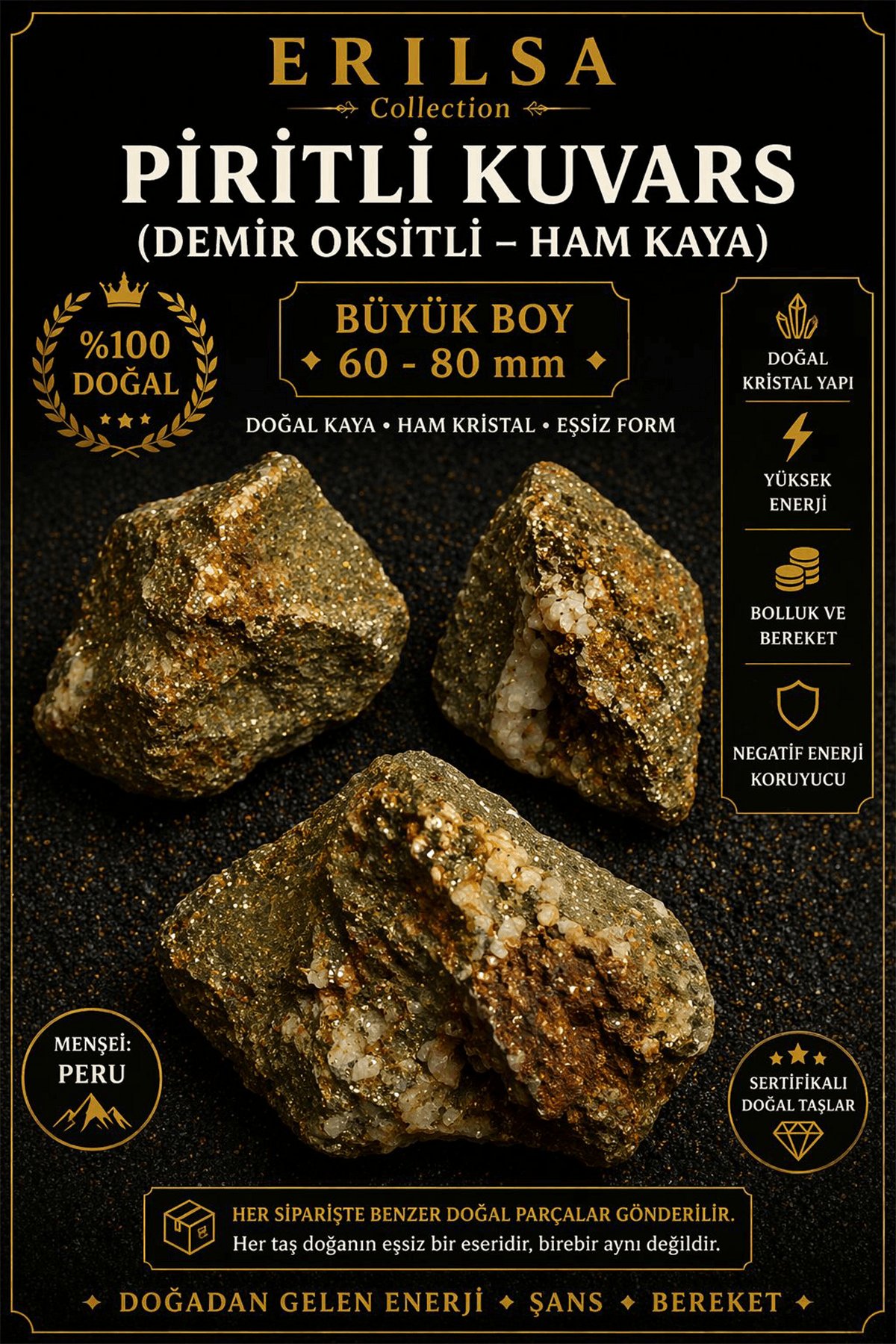 Sertifikalı Piritli Kuvars Demir Oksitli Kütle - Doğal Kaya Büyük Boy 60-80 mm Koleksiyonluk Taş
