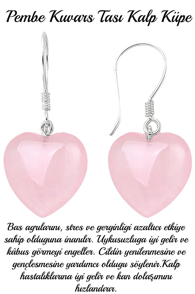 Sertifikalı Kalp Kesim Pembe Kuvars Taşı Doğal Taş Küpe