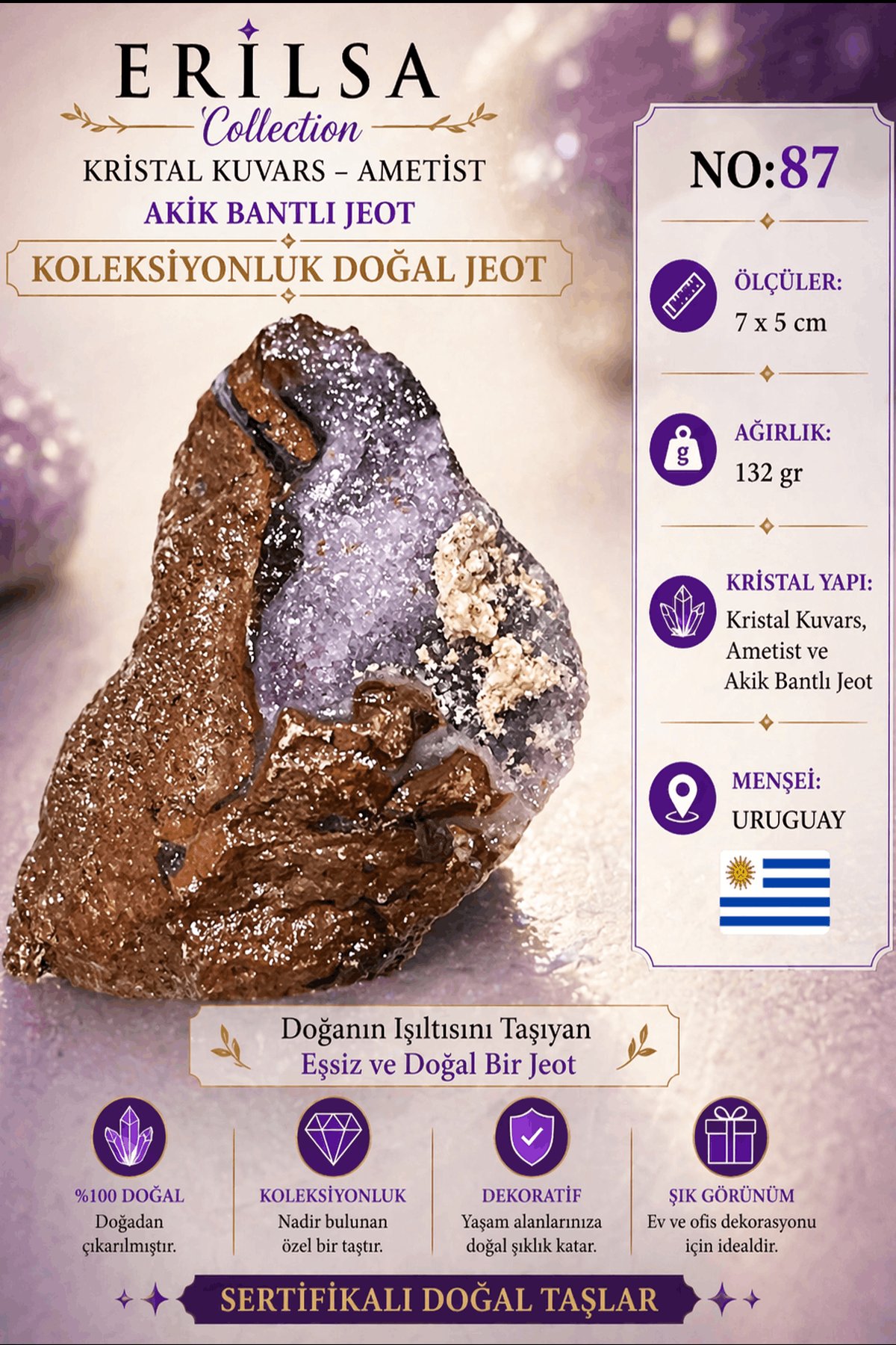 Sertifikalı Kristal Kuvars Ametist Akik Bantlı Jeot Doğal Taş Koleksiyonluk Dekoratif NO87