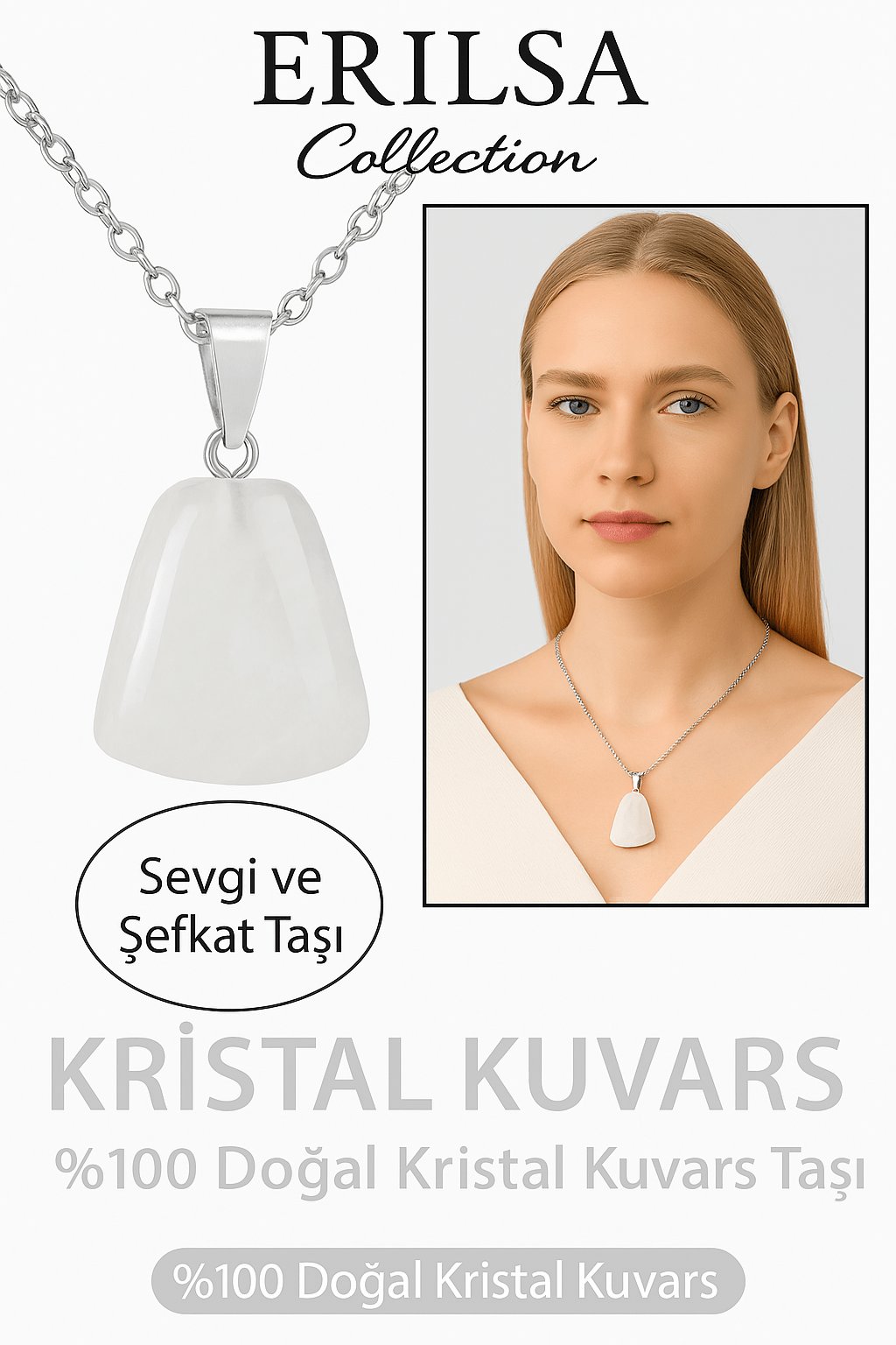 Sertifikalı AAA+ Kristal Kuvars Taşı Kolye – Beşgen Model, Gümüş Aparatlı