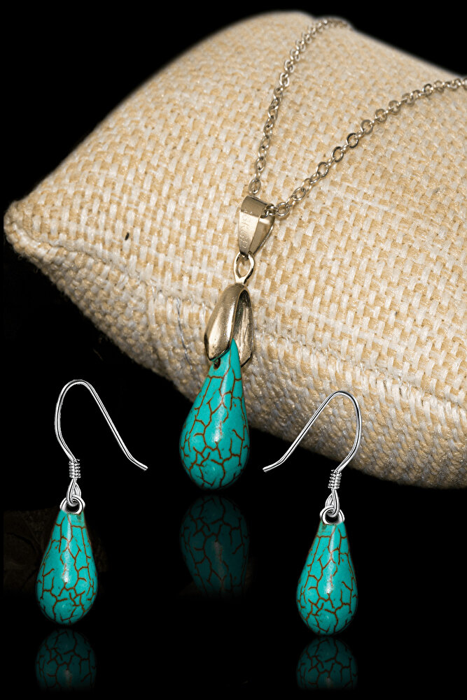 Sertifikalı Damla Kesim Firuze Taşı Kolye Ve Küpe Doğal Taş Seti