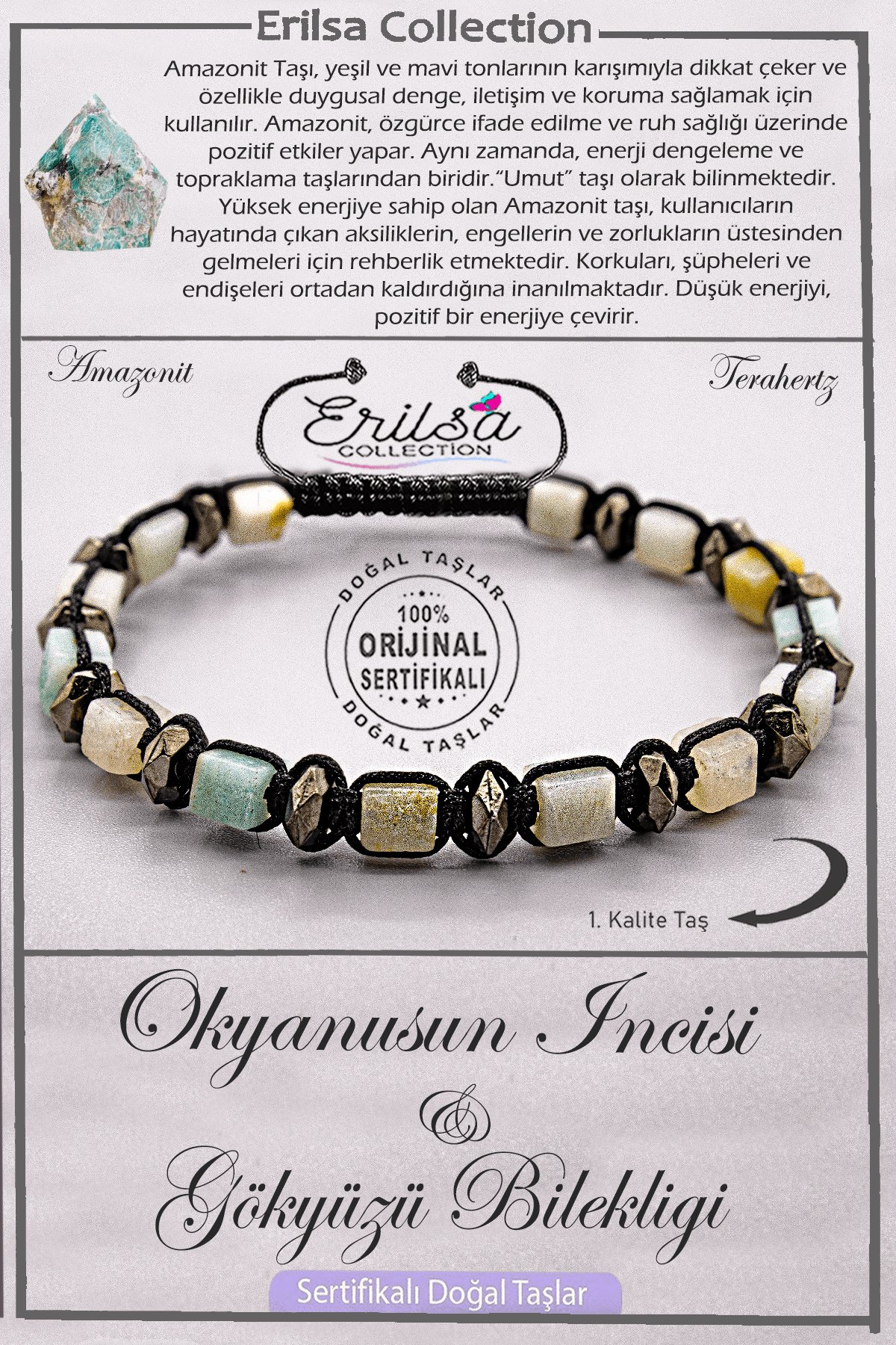 Sertifikalı Küp Model AAA+ Kalite Doğal Amazonit Taşı - Duygusal Denge İletişim Denge Bilekliği