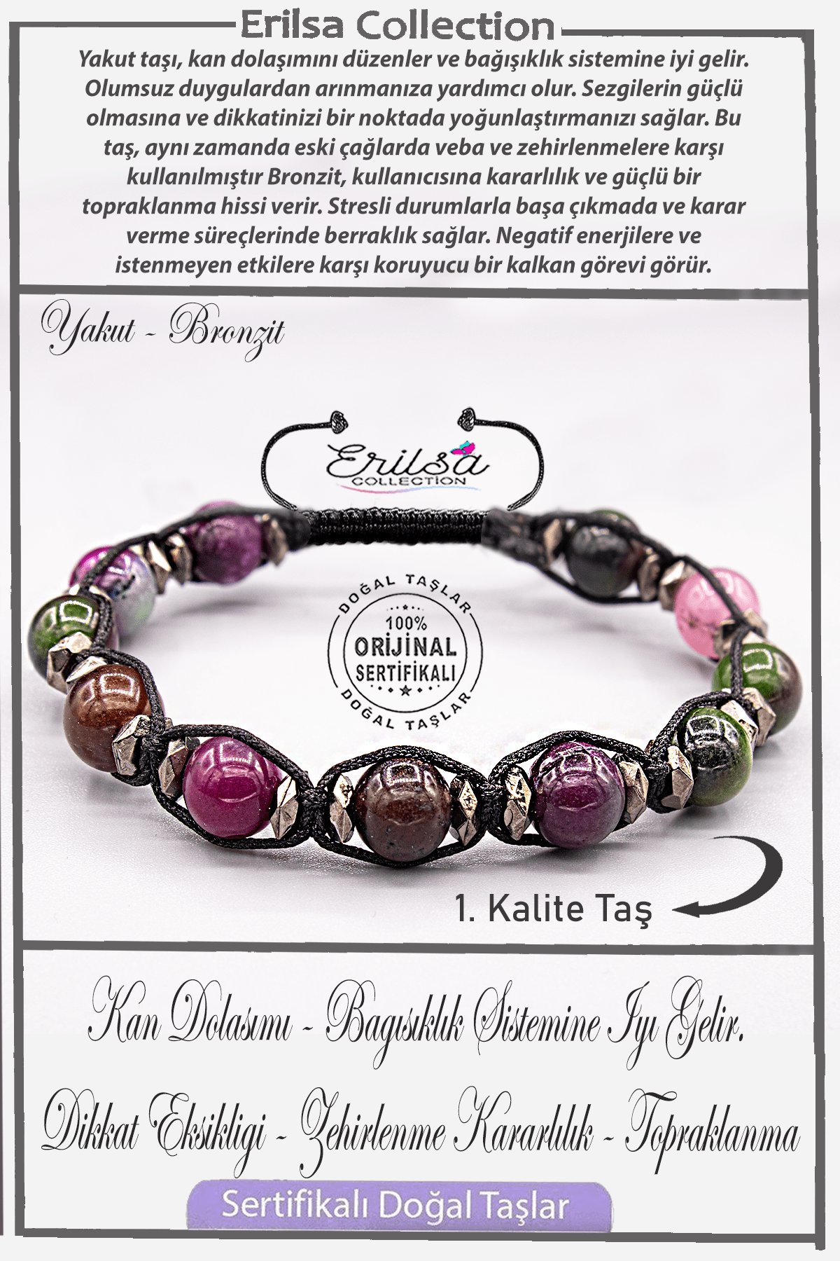 Sertifikalı AAA+ Kalite Gerçek Terahertz - Yakut Bronzit Taşı Bileklik