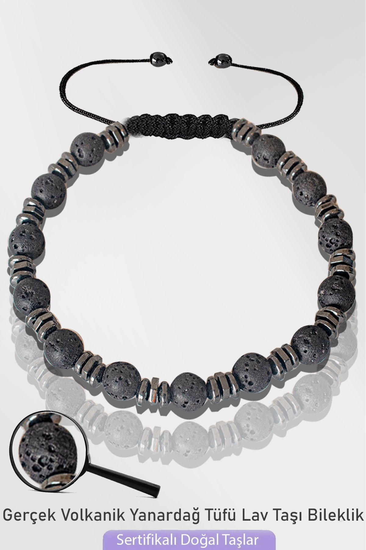 Sertifikalı Silver Hematitli Doğal 6mm Volkanik Lav Taşı Bileklik - Ayarlamalı