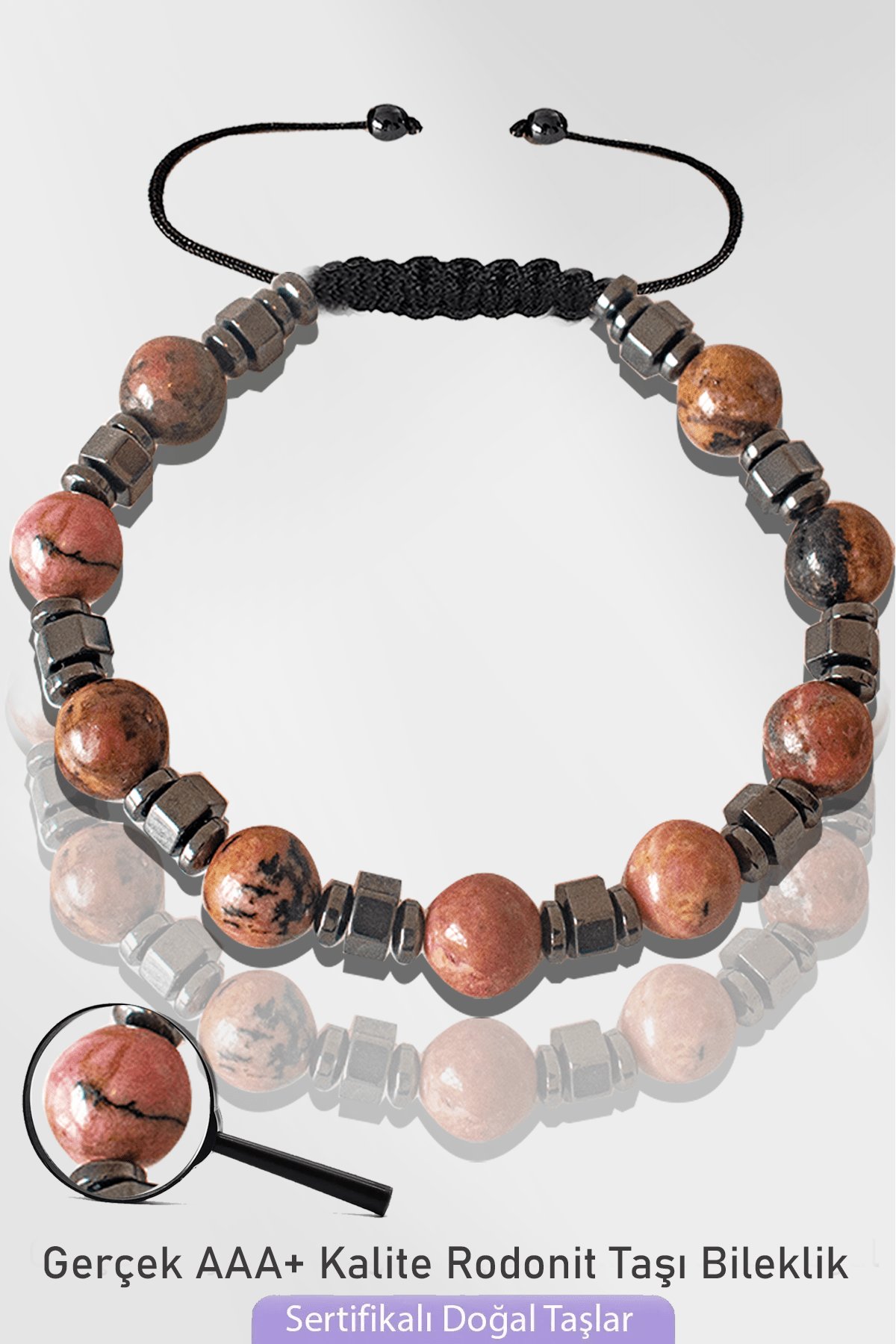 Sertifikalı Silver Hematitli Doğal Rodonit Taşı Bileklik - Ayarlamalı