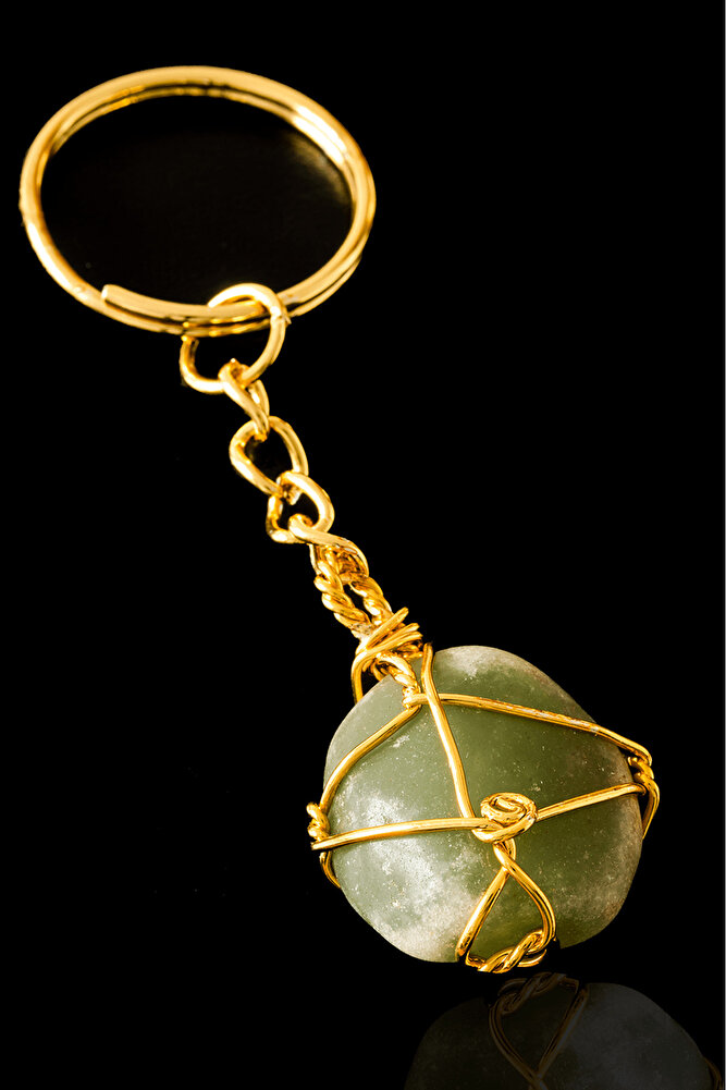 Sertifikalı Tel Sargılı Aventurin Taşı Anahtarlık - Altın Kaplama