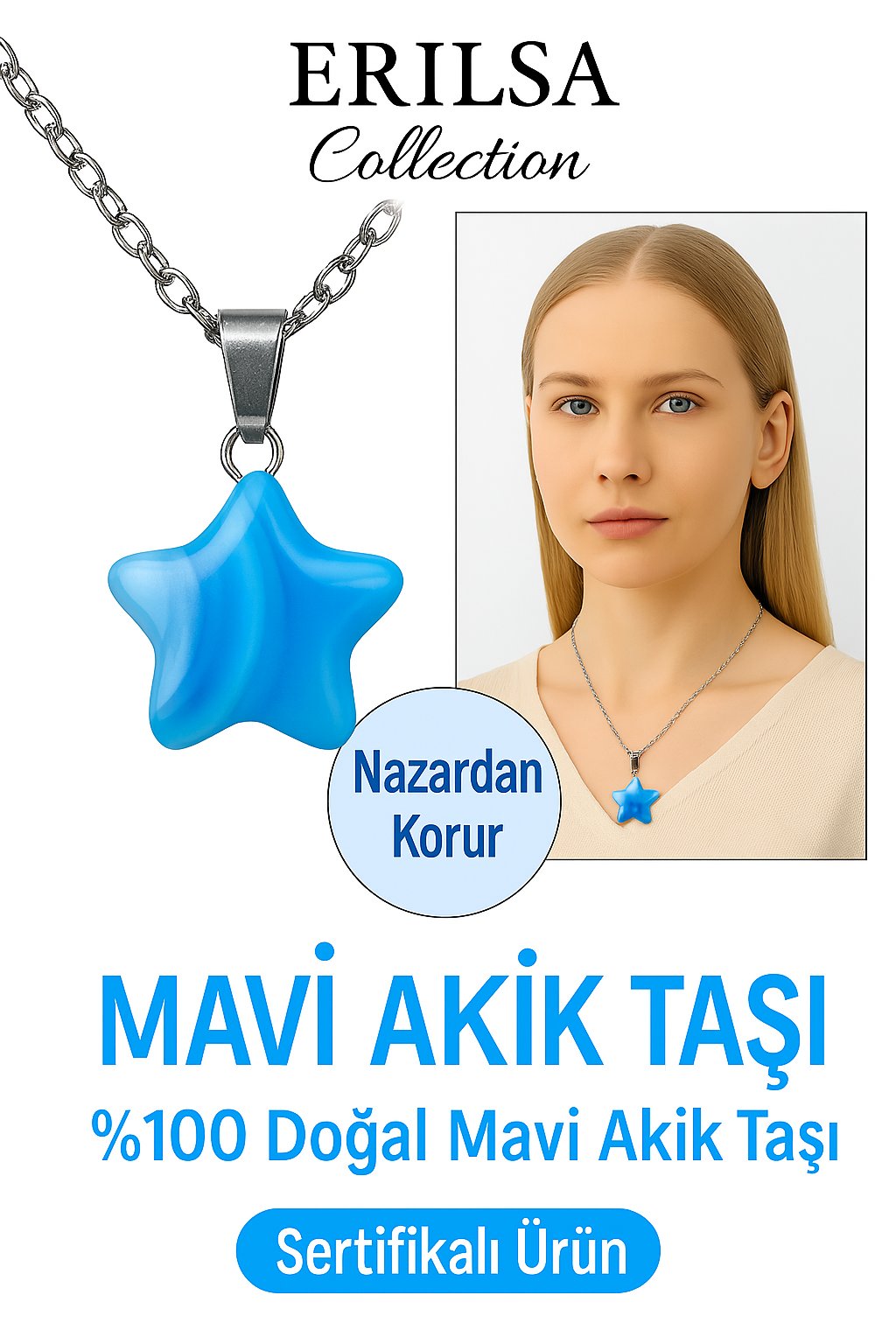 Sertifikalı Yıldız Kesim Mavi Akik Taşı Kolye – Doğal Sakinlik ve İletişim Taşı