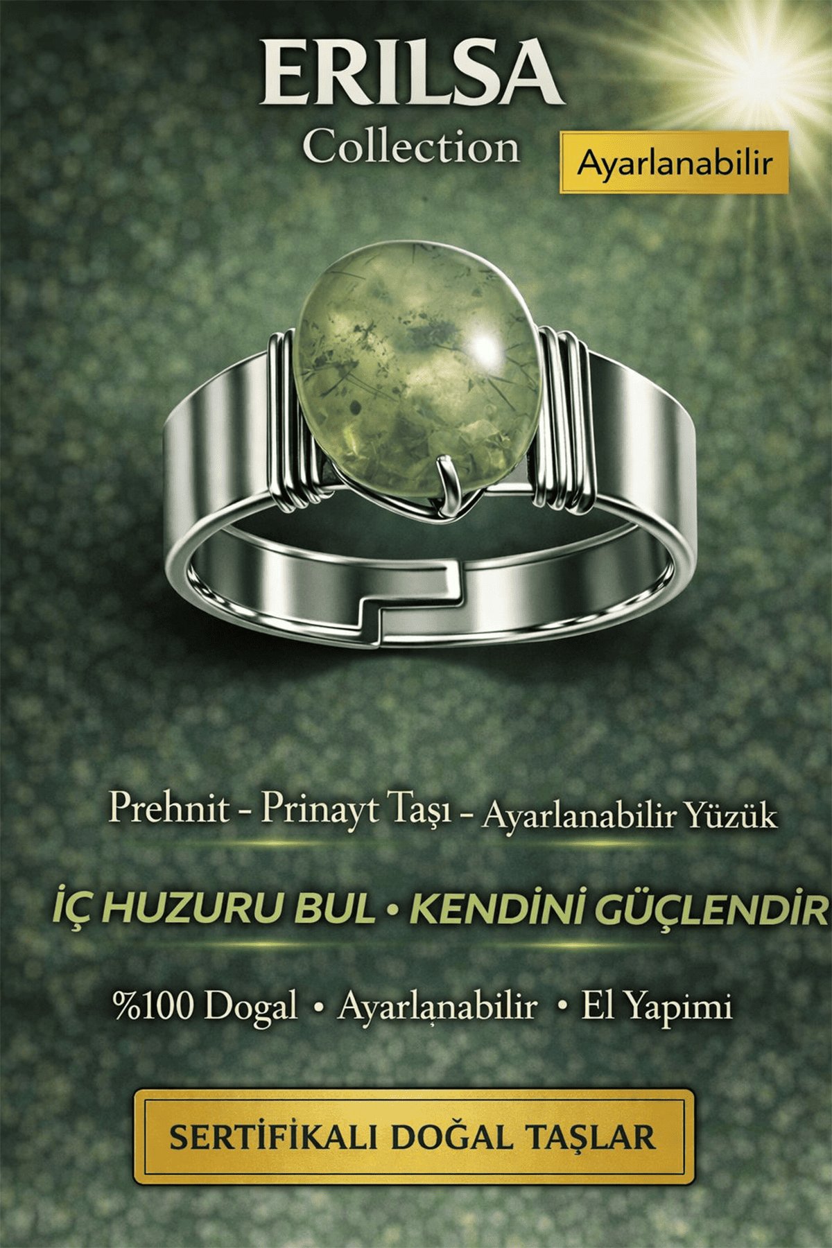 Sertifikalı Prehnit Prinayt Taşı Yüzük Doğal Taş Ayarlanabilir El Yapımı Enerji Taşı