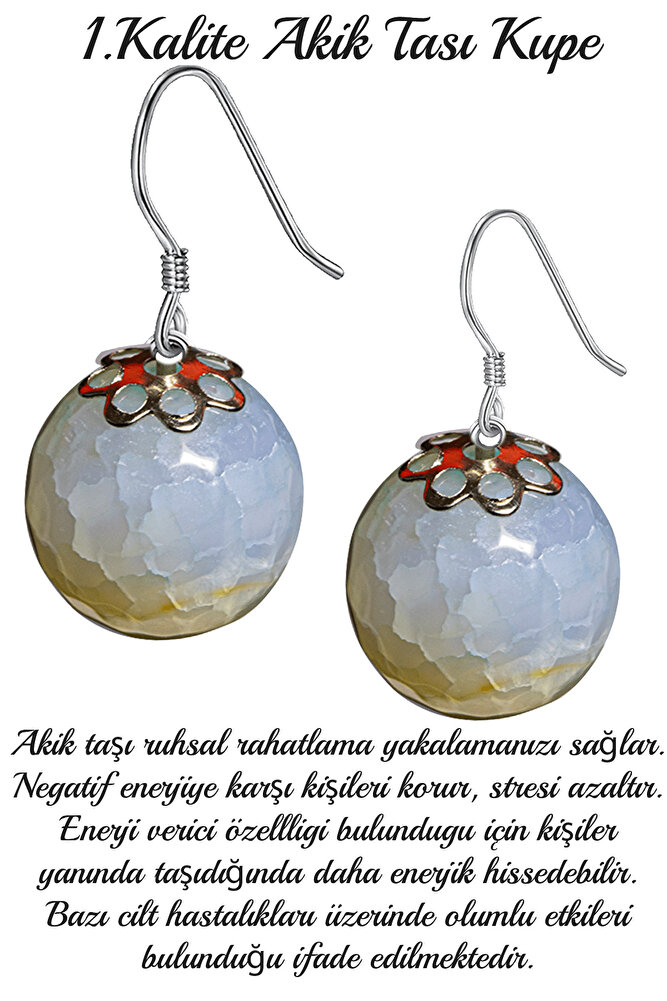 Sertifikalı Damarlı Gri - Turuncu Akik Taşı Doğal Taş Küpe