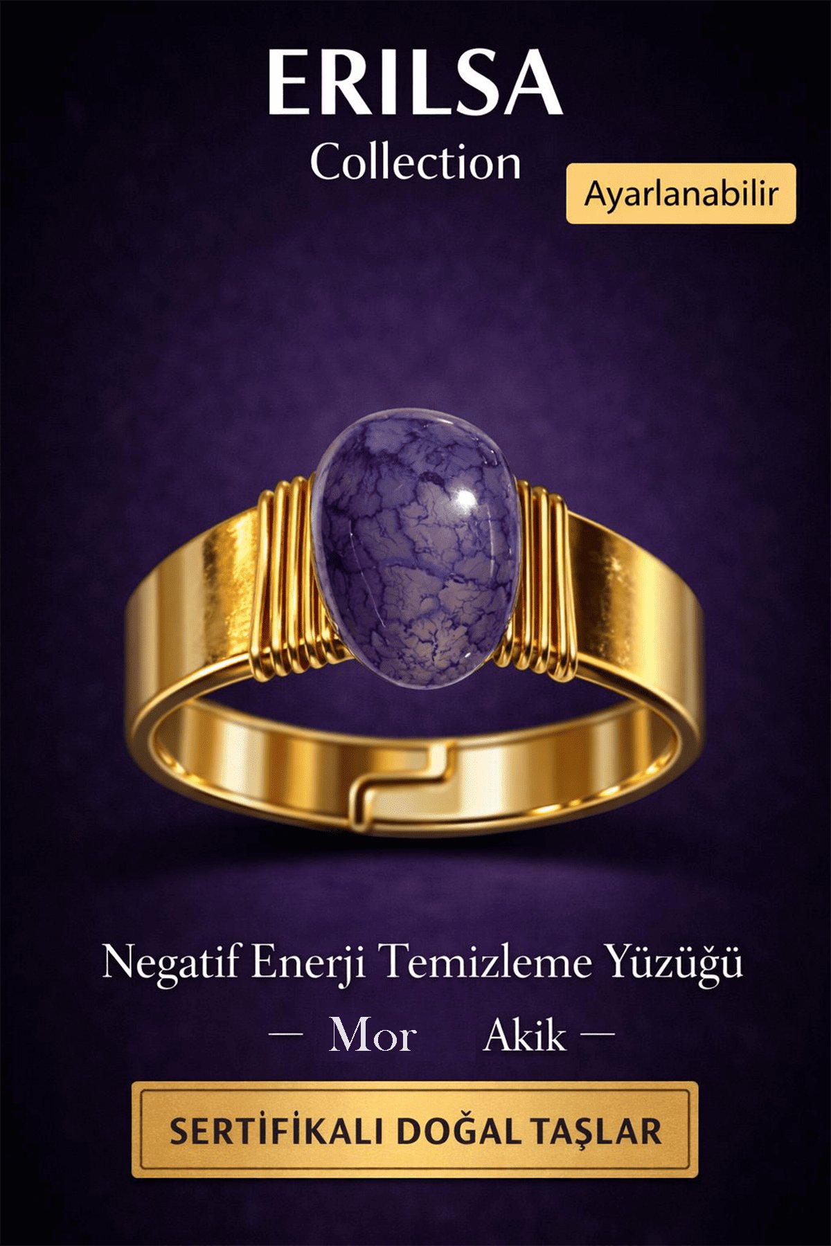 Sertifikalı Mor Akik Doğal Taş Yüzük – Negatif Enerji Temizleme Ayarlanabilir