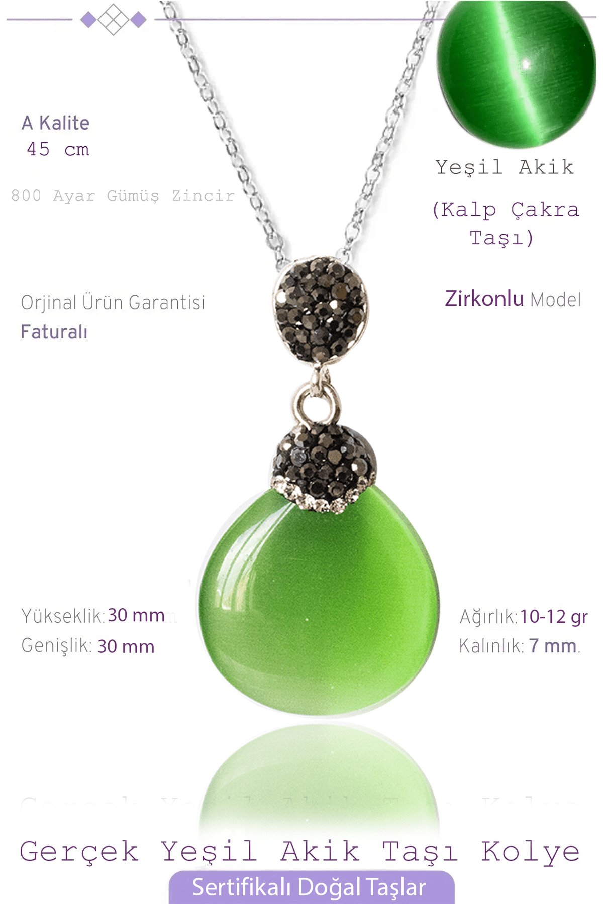 Sertifikalı Zirkon Taşlı Yeşil Akik Taşı Kolye