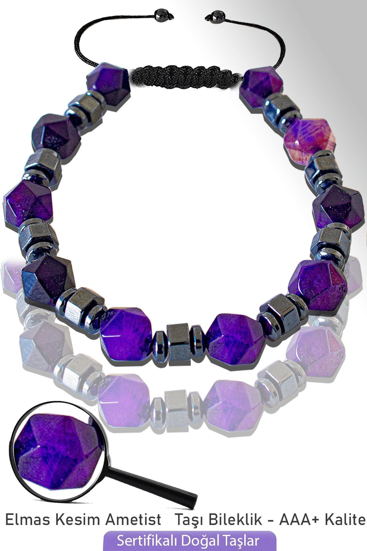 Sertifikalı AAA+ Silver Hematitli Elmas Kesim Ametist Taşı Bileklik - Ayarlamalı