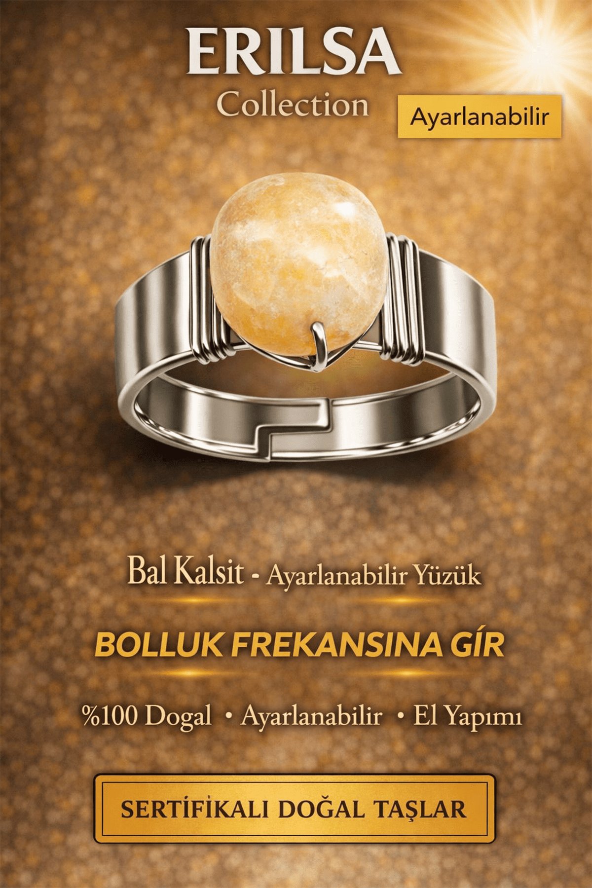 Sertifikalı Ham Bal Kalsit Taşı Yüzük Doğal Taş Ayarlanabilir El Yapımı Şık Tasarım