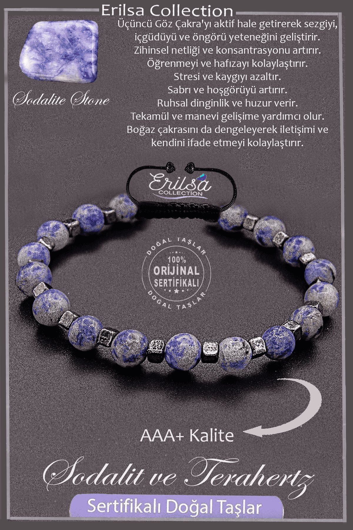 Sertifikalı AAA+ Kalite Gerçek Terahertz - Sodalit Taşı Bileklik