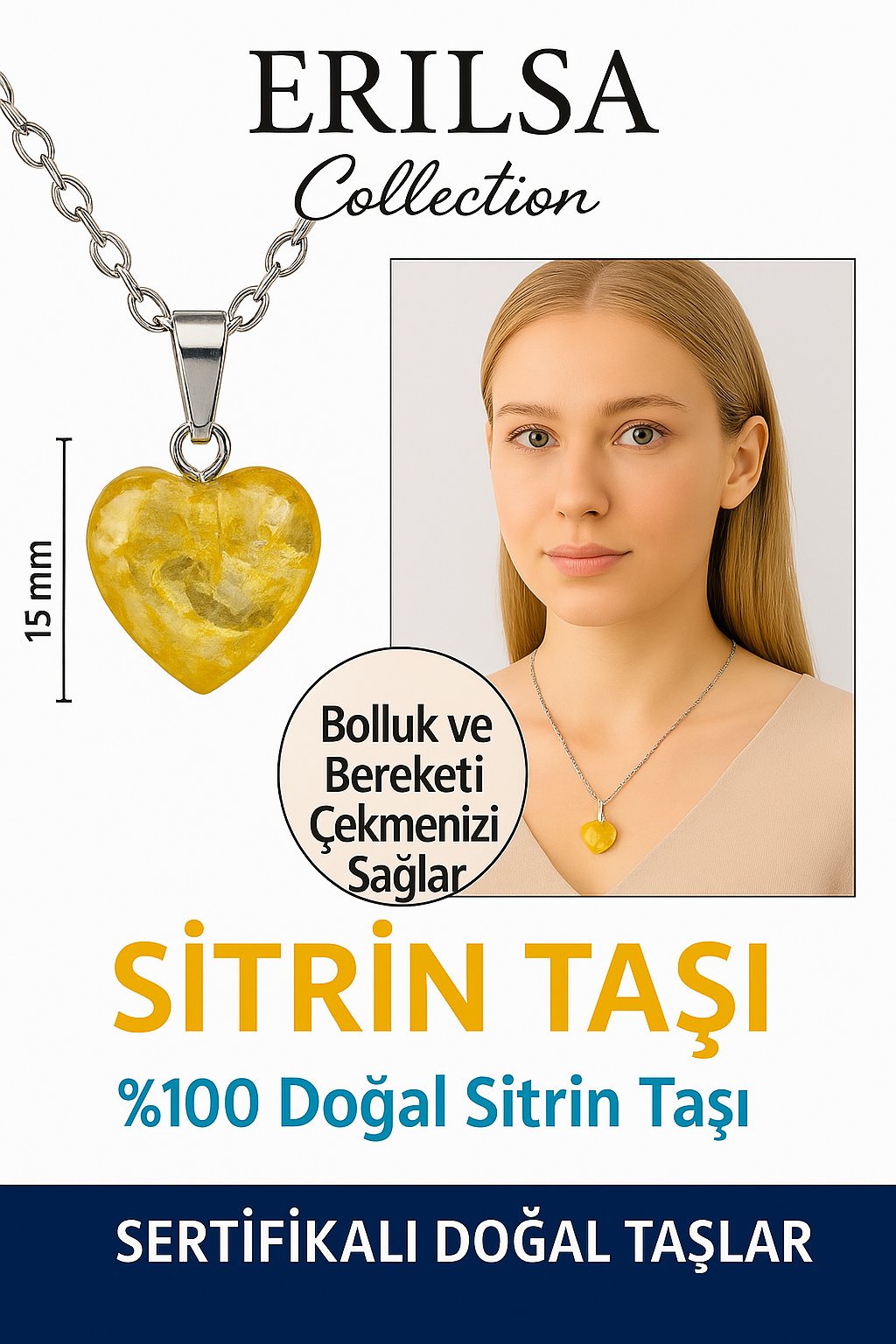  Sertifikalı Kalp Model Mini Sitrin Taşı Kolye – Neşe, Bolluk ve Pozitif Enerji Taşı