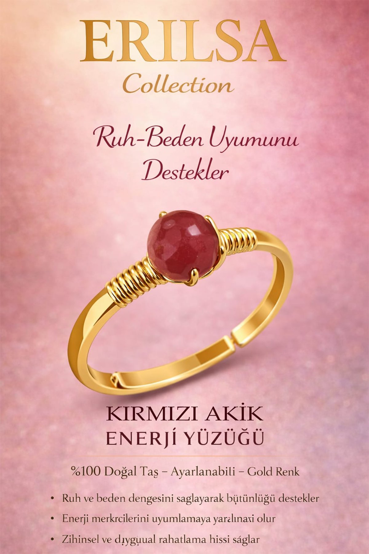 Sertifikalı Ruh Beden Denge Yüzüğü – Kırmızı Akik Taşı Ayarlanabilir Gold Aslan Koç Burcu