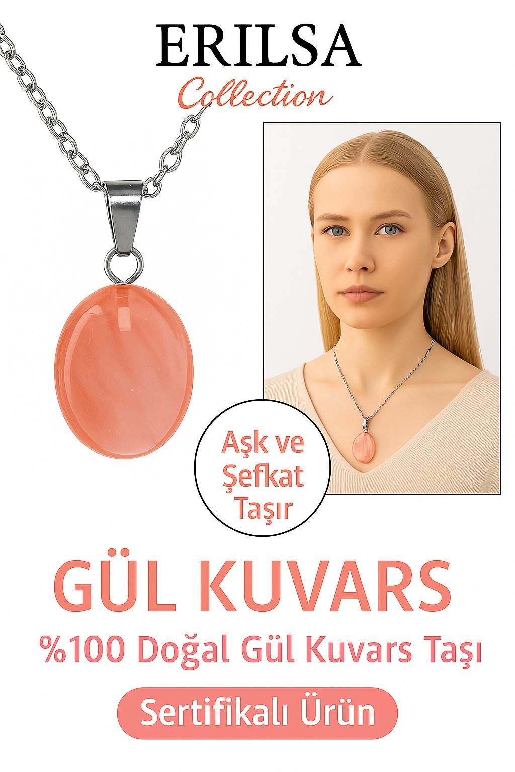 Sertifikalı Gül Kuvars Taşı Doğal Taş Kolye Gümüş Aparat Kalbi Yumuşatır Sevgi Enerjisini Güçlendir