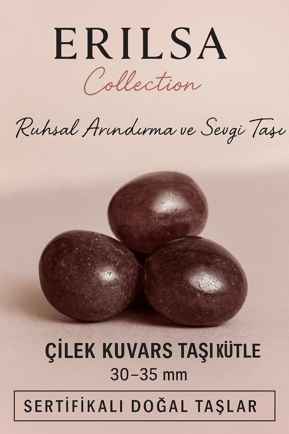 Sertifikalı Çilek Kuvars Taşı Kütle 30–35 mm Ruhsal Arınma Sevgi ve Denge Enerjisi Taşı