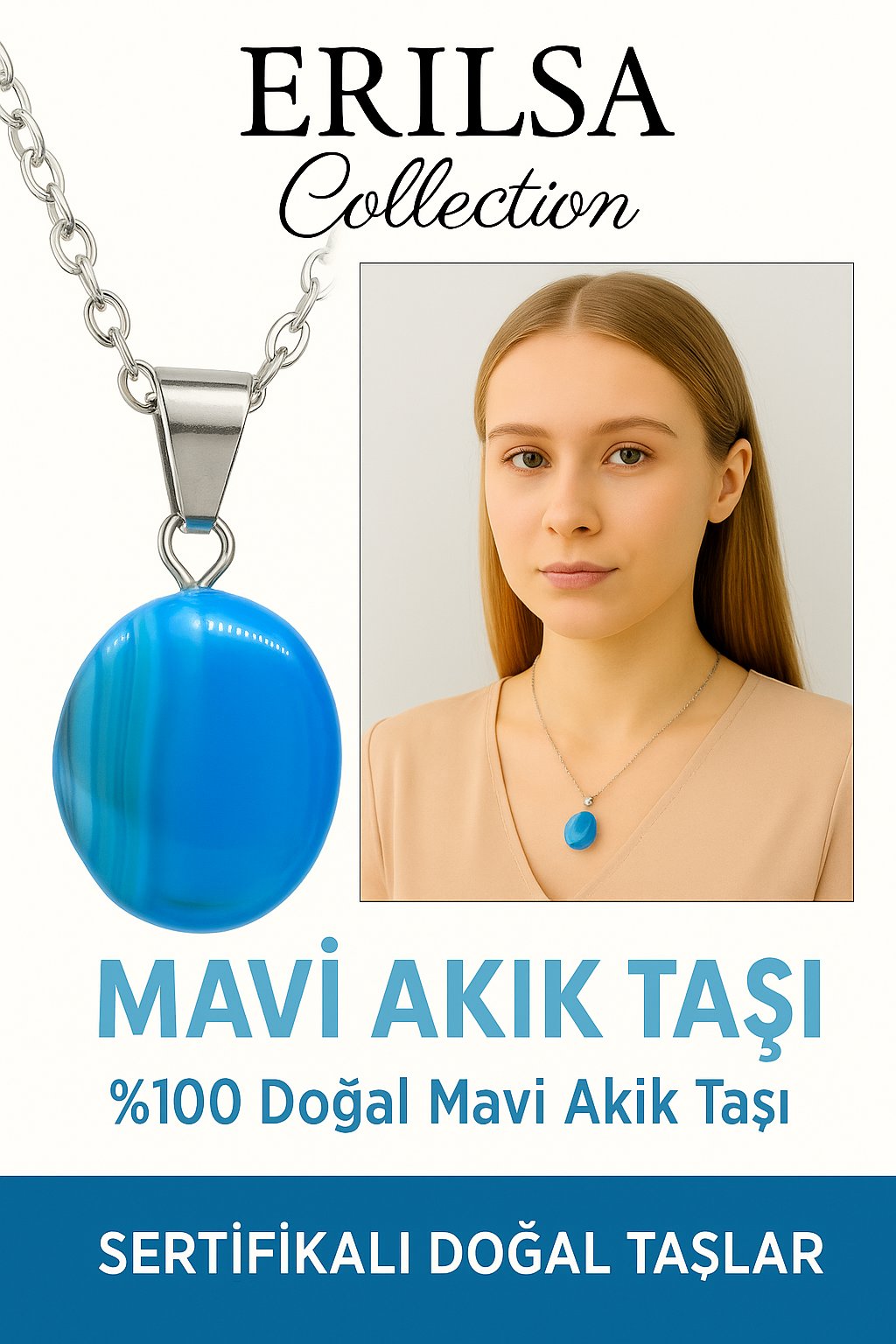 Sertifikalı Oval Mavi Akik Taşı Kolye – Sakinlik, İfade Gücü ve Ruhsal Koruma Taşı