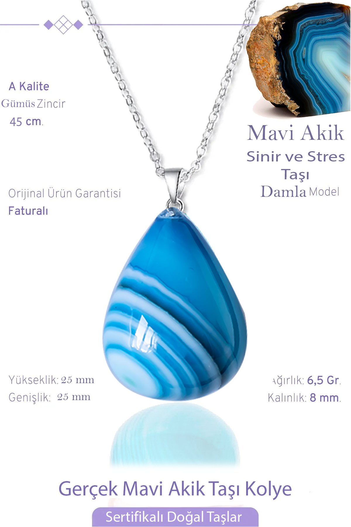 Sertifikalı Damla Model Gerçek Mavi Akik Taşı Kolye