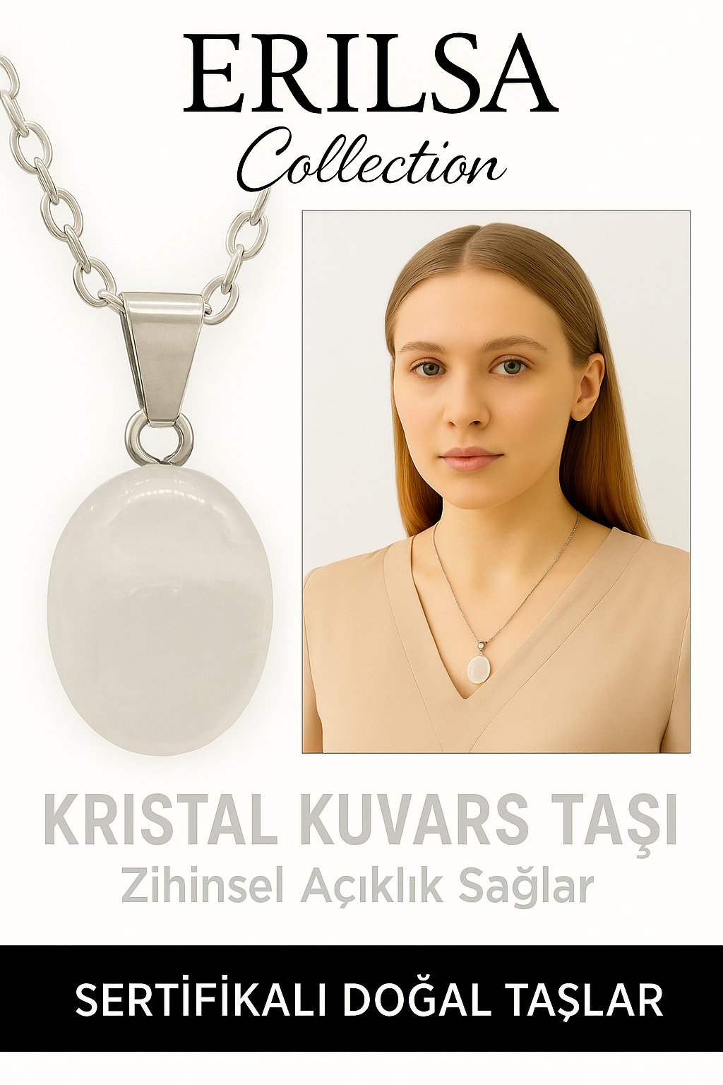 Sertifikalı Oval Kristal Kuvars Taşı Kolye – Arınma, Şifa ve Enerji Dengeleyici Taş