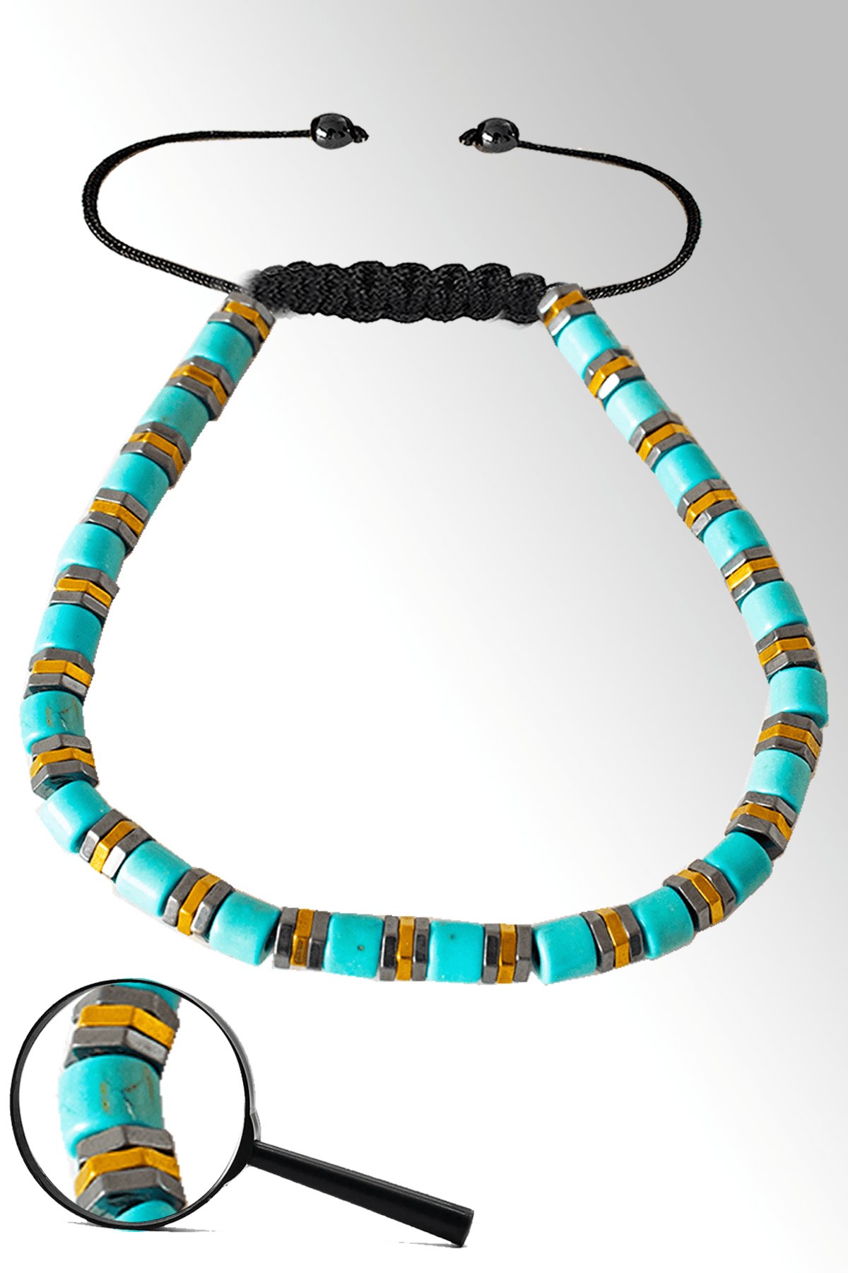 Sertifikalı Gold Silver Hematitli Turkuaz Taşı Bileklik - Ayarlamalı