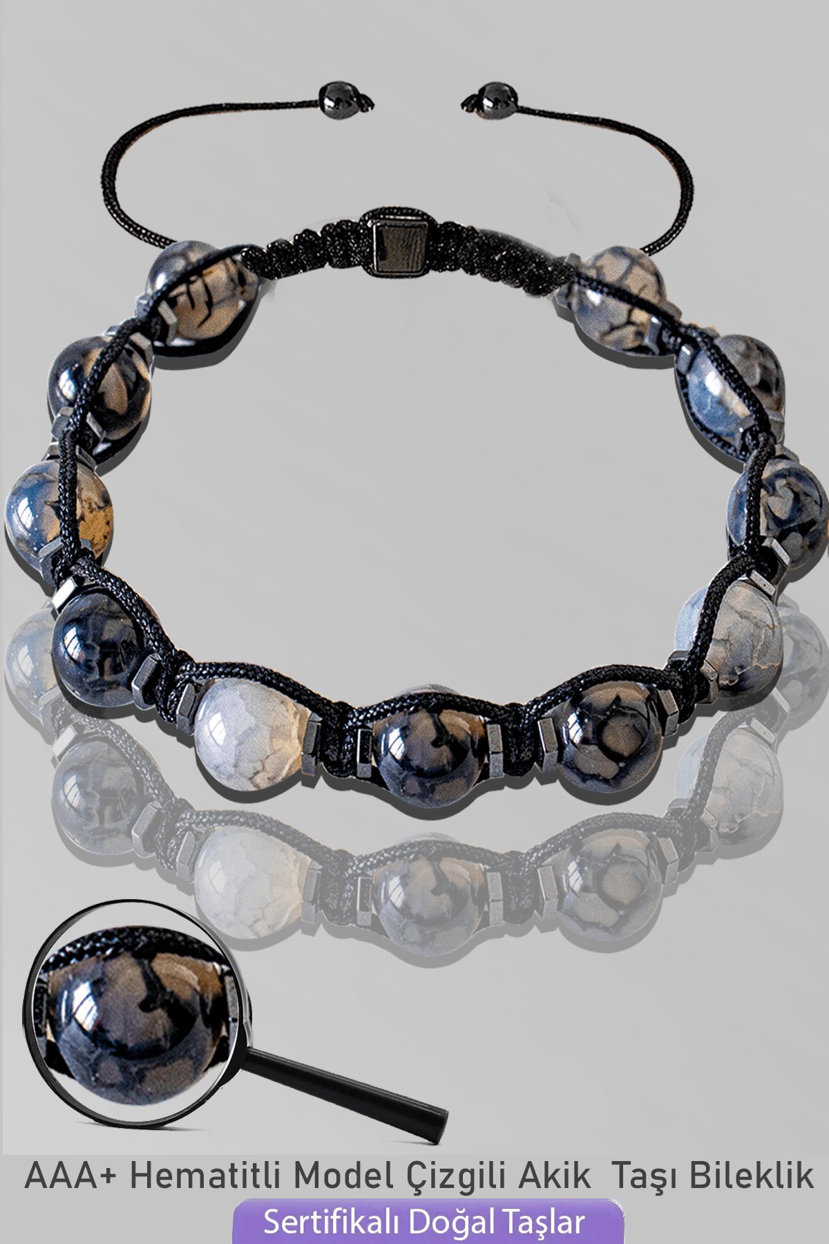 Sertifikalı Makrome Çizgili Akik Taşı Bileklik - Ayarlamalı