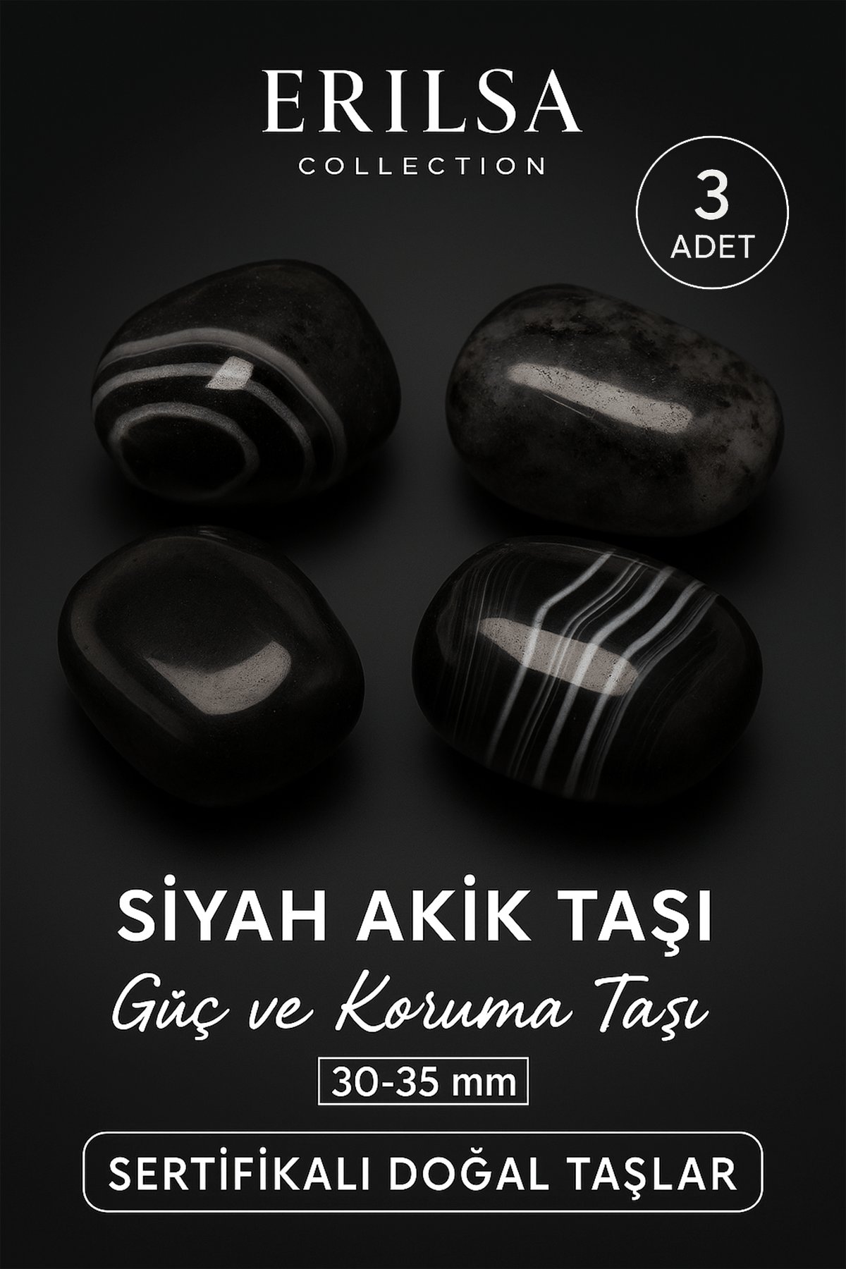 Sertifikalı Siyah Akik Taşı Kütle – Güç ve Koruma Taşı (3 Adet) 30-35 mm