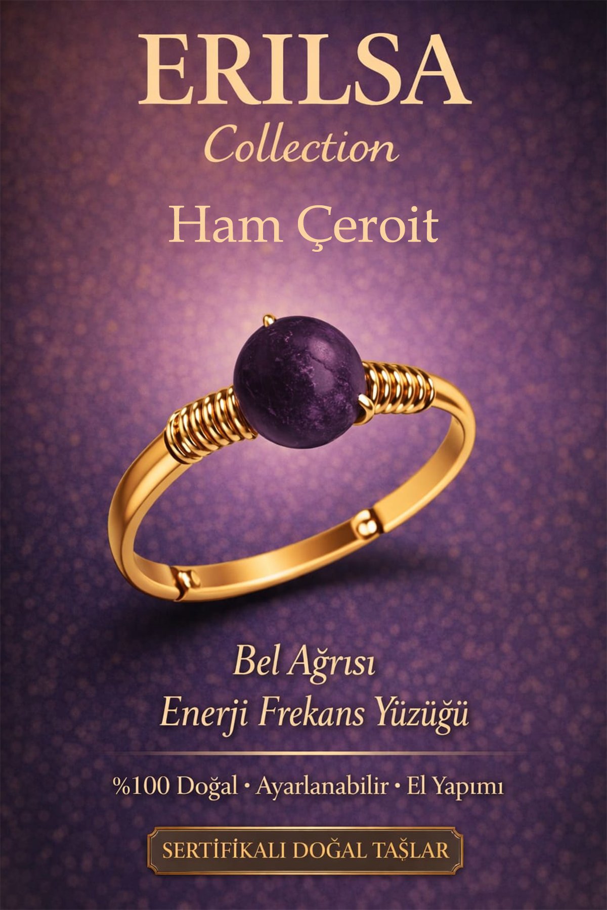 Sertifikalı Bel Ağrısı Enerji Frekans Yüzüğü – Ham Çeroit Ayarlanabilir Gold İnce Kasa Akrep Yay