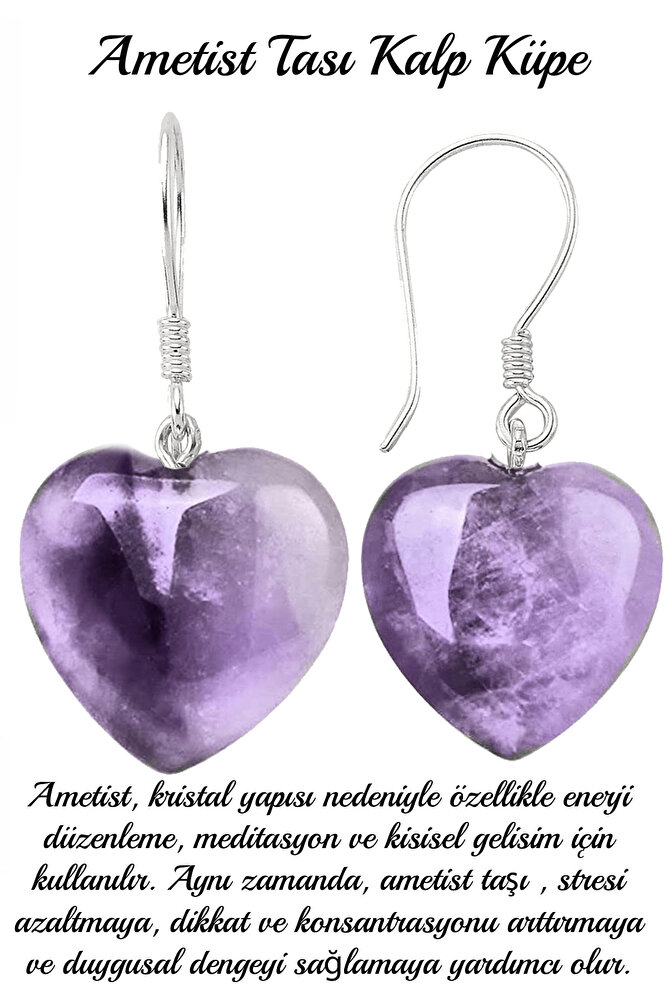 Sertifikalı Kalp Model Gerçek Ametist Taşı Doğal Taş Küpe
