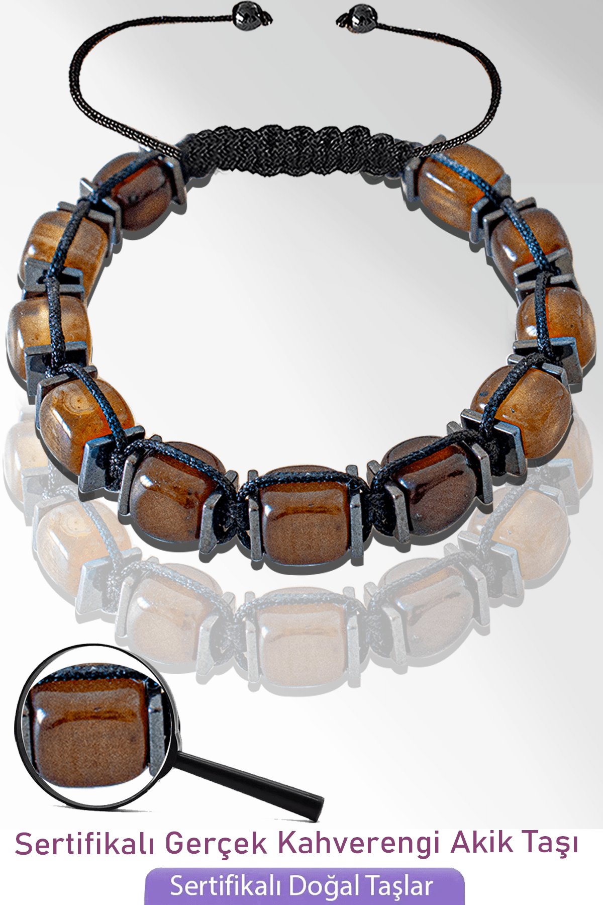 Sertifikalı Küp Model Doğal Kahverengi Akik Taşı Bileklik - Ayarlamalı