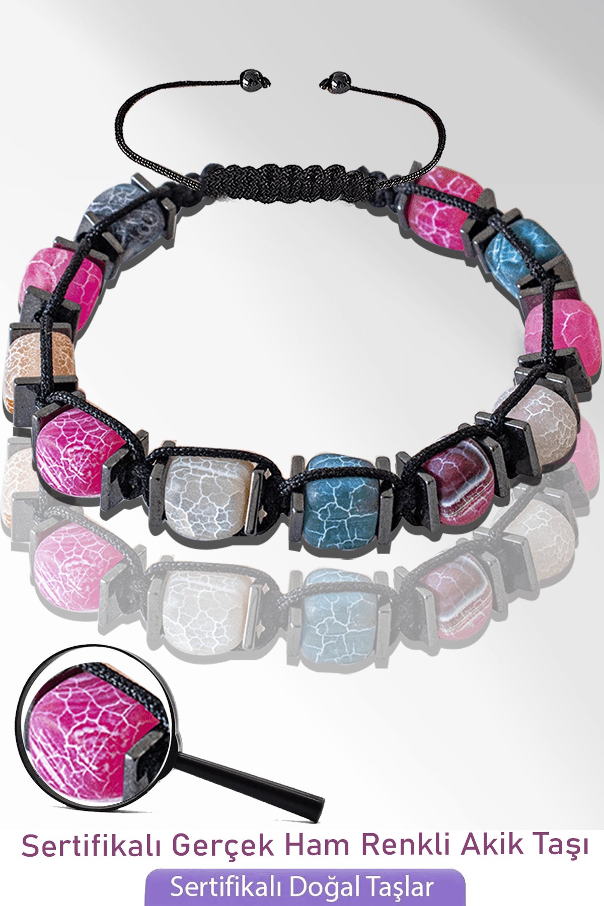 Sertifikalı Küp Model Doğal Ham Renkli Akik Taşı Bileklik - Ayarlamalı