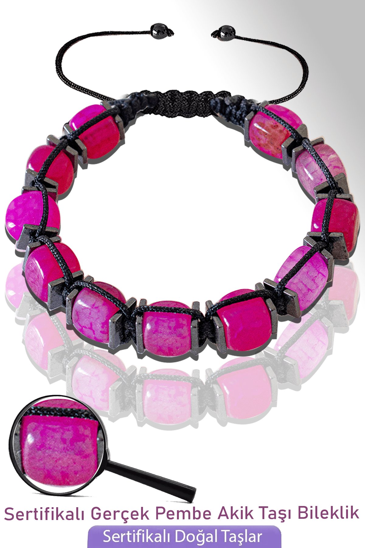 Sertifikalı Küp Model Doğal Pembe Akik Taşı Bileklik - Ayarlamalı