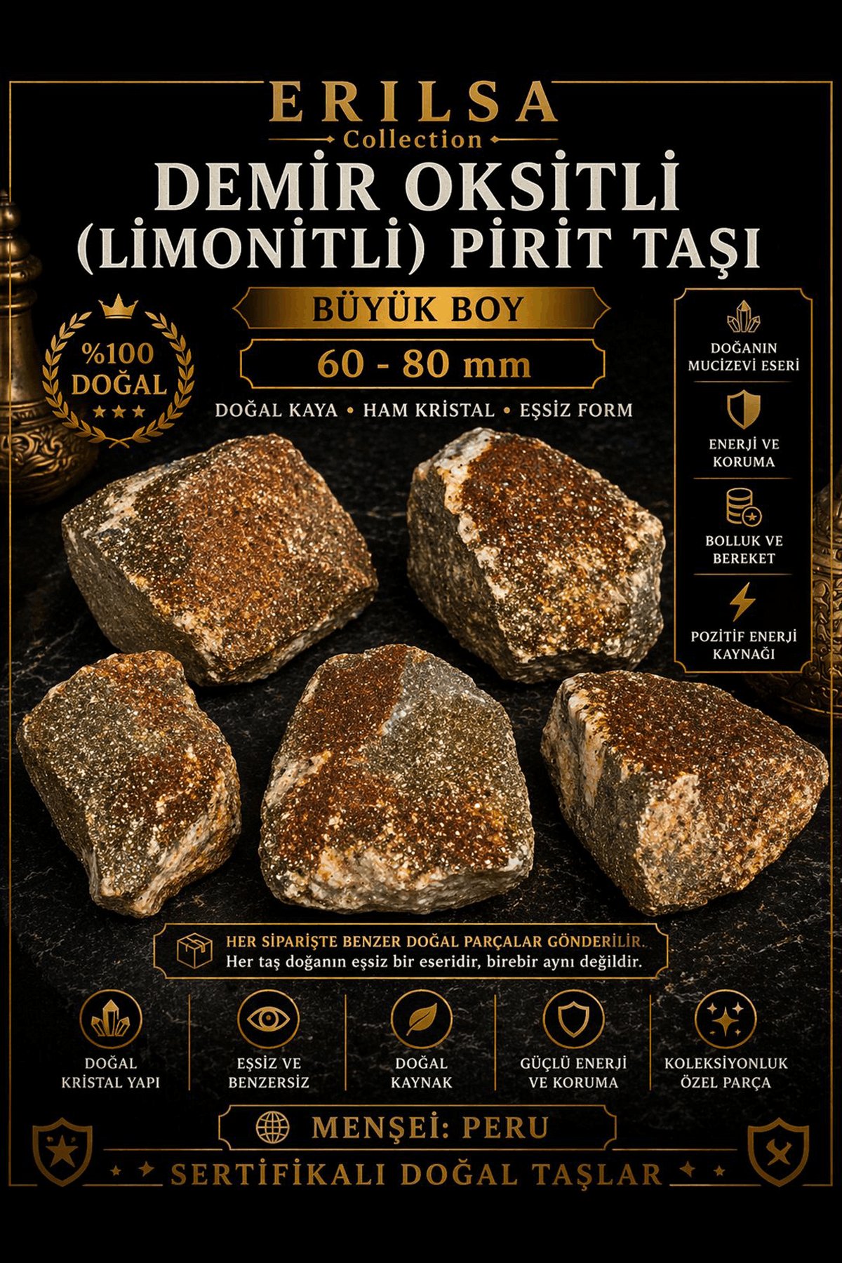 Sertifikalı Demir Oksitli Limonitli Pirit Doğal Taşı Kütle 60-80 mm Büyük Boy Ham