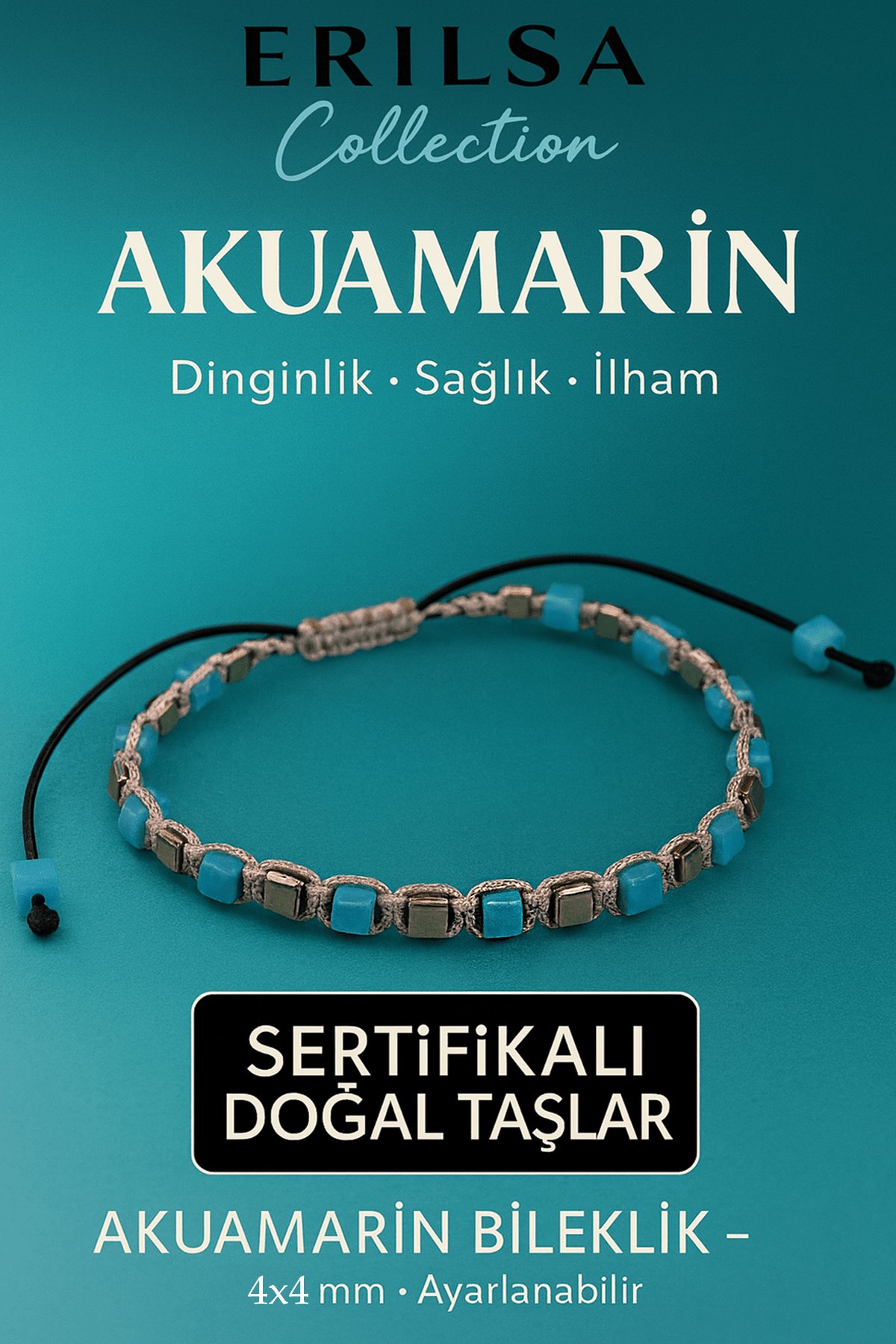 Sertifikalı Doğal Terahertz - Akuamarin Taşı Bileklik 4x4 mm - Dinginlik Sağlık ve İletişim Taşı