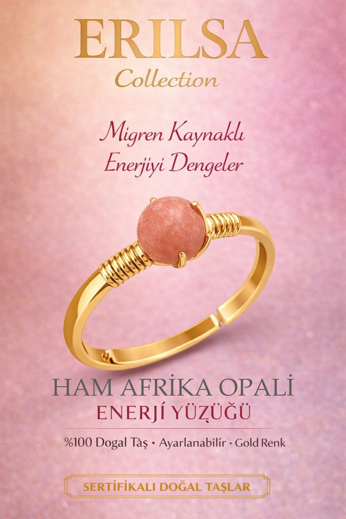 Sertifikalı Migren Enerji Denge Yüzüğü – Ham Afrika Opali Ayarlamalı Gold İnce Kasa Koç Yengeç Balık