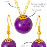 Sertifikalı Gold Küre Model Mor Akik Taşı Kolye ve Küpe Seti - Gümüş Aparatlı