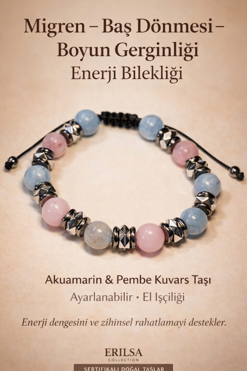 Sertifikalı Migren Baş Dönmesi Boyun Gerginliği Enerji Bilekliği – Akuamarin - Pembe Kuvars Taşı