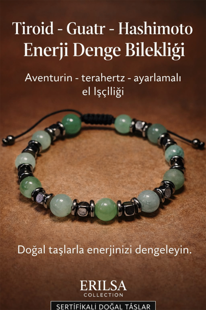 Sertifikalı Tiroid Guatr Hashimoto Enerji Denge Bilekliği – Aventurin ve Terahertz Doğal Taş