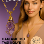 Sertifikalı Tel Sargılı Gold Renkli Doğal Ham Ametist Taşı Kolye – Zihinsel Denge ve Arınma Taşı