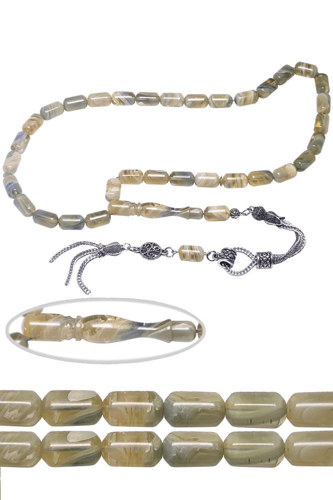 Sertifikalı Gri Renkli Hareli Sıkma Kehribar Tesbih