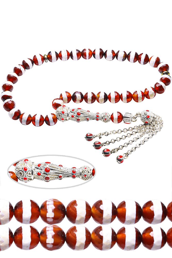 Sertifikalı Telkari Püsküllü Kırmızı Çizgili Doğal Akik Taşı Tesbih