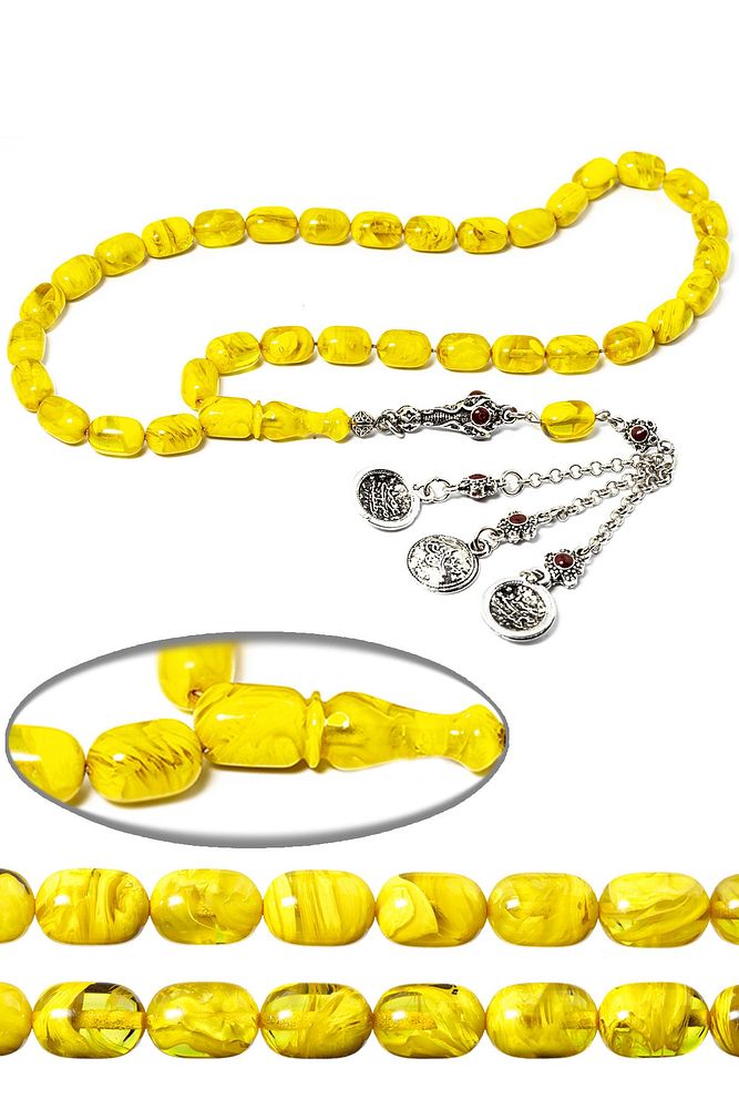 Sertifikalı Sarı Renk Halep Püskül Sıkma Kehribar Tesbih