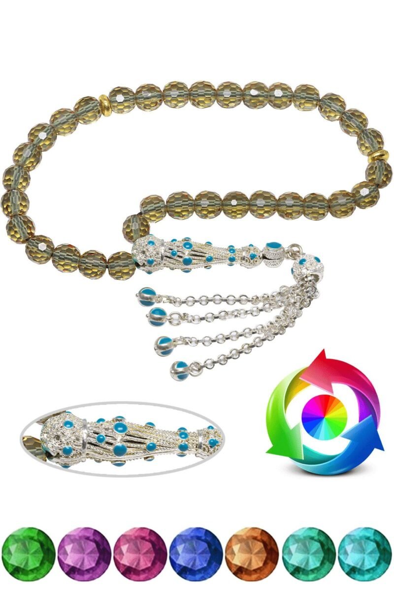 Sertifikalı Ortam Işığına Göre 7 Renk Değiştiren Doğal Diaspor Sultanit Sultan Zultanit Taşı Tesbih Beyaz Turkuaz Mineli Telkari Püsküllü