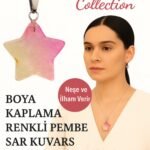 Sertifikalı Yıldız Model Boya Kaplama Renkli Pembe Sarı Kuvars Doğal Taş Kolye